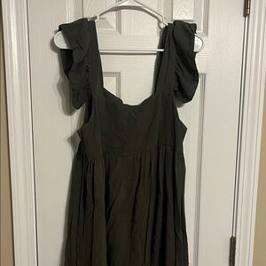 Ruffled Strap Sundress in Dark Olive - Women